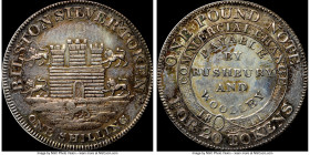 Staffordshire. Bilston silver Shilling Token 1811 MS62 NGC, Davis-2. BILSTON SILVER TOKEN ONE SHILLING Castle wall with three towers surrounded by fiv...