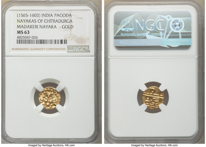 Nayakas of Chitradurga. Madakeiri Nayaka gold pagoda ND (1565-1602) MS63 NGC, KM...