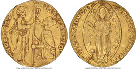 Venice. Giovanni Soranzo gold Ducat ND (1312-1328) AU Details (Bent) NGC, Fr-1218. IO SVRANTIO - S M VENETI Doge kneeling before St. Mark / SIT T XPE ...