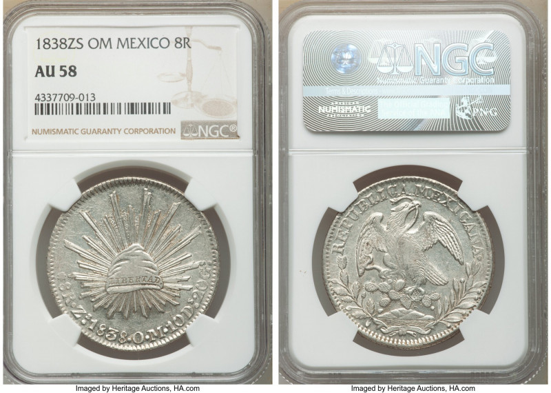 Republic 8 Reales 1838 Zs-OM AU58 NGC, Zacatecas mint, KM377.13, DP-Zs18. Draped...