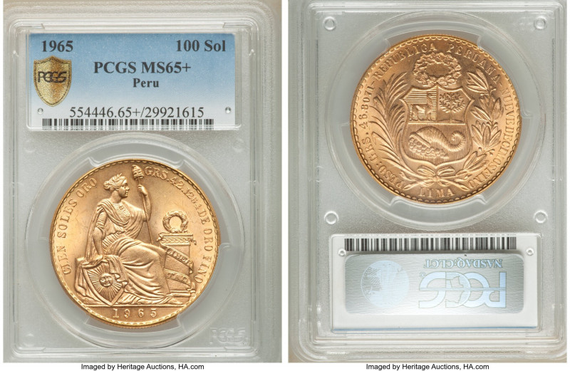 Republic gold 100 Soles 1965-LIMA MS65+ PCGS, Lima mint, KM231, Fr-78. Whirling ...