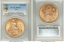 Republic gold 100 Soles 1965-LIMA MS65+ PCGS, Lima mint, KM231, Fr-78. Whirling luster with pale rose tone. AGW 1.3544 oz. 

HID09801242017

© 202...