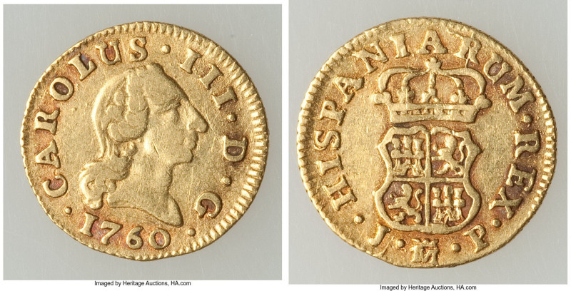 Charles III gold 1/2 Escudo 1760 M-JP VF, Madrid mint, KM389.1. 14.8mm. 1.75gm. ...