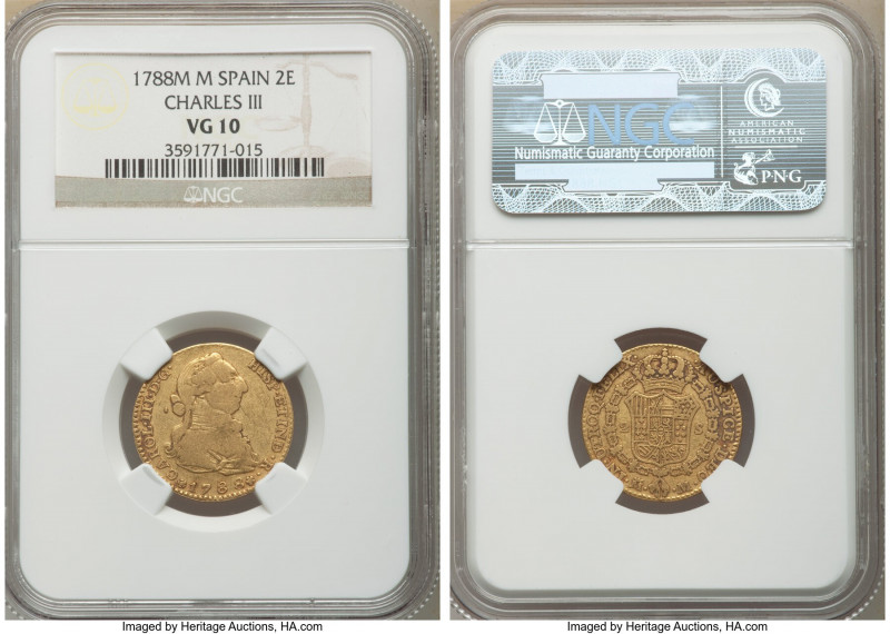 Charles III gold 2 Escudos 1788 M-M VG10 NGC, Madrid mint, KM417.1a.

HID09801...