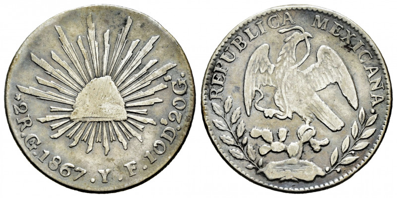 Mexico. 2 reales. 1867. Guanajuato. YF. (Km-374.8). Ag. 6,62 g. Toned. Scarce. A...