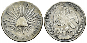 Mexico. 2 reales. 1867. Guanajuato. YF. (Km-374.8). Ag. 6,62 g. Toned. Scarce. Almost VF/VF. Est...60,00. 

Spanish description: México. 2 reales. 1...