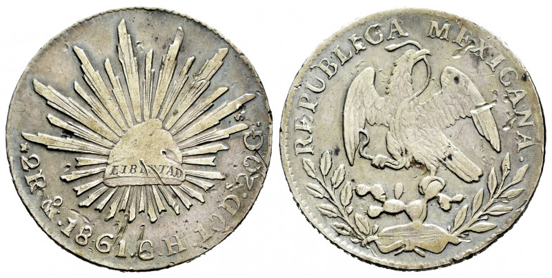 Mexico. 2 reales. 1861. México. CH. (Km-374.10). Ag. 6,66 g. Numerous marks. Lig...