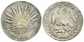 Mexico. 2 reales. 1861. México. CH. (Km-374.10). Ag. 6,66 g. Numerous marks. Lightly toned. Scarce. Choice VF. Est...60,00. 

Spanish description: M...