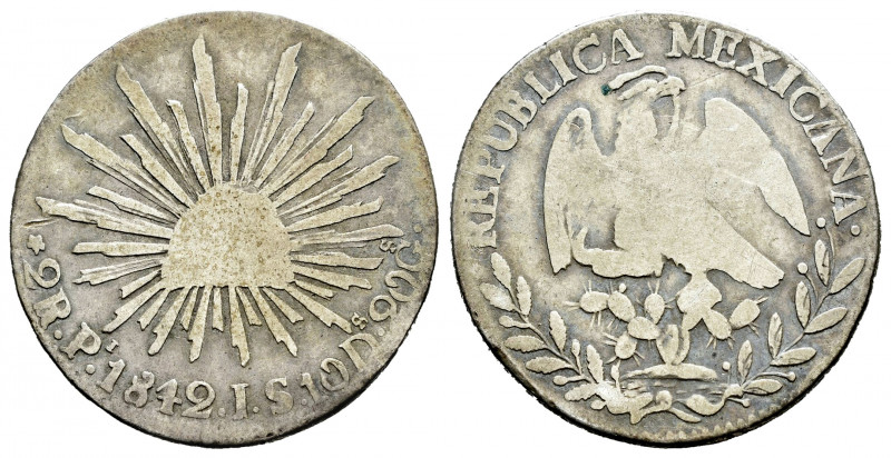 Mexico. 2 reales. 1842. San Luis of Potosí. JS. (Km-374.11). Ag. 6,48 g. Lightly...