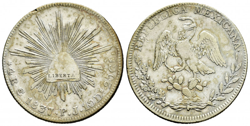Mexico. 4 reales. 1837. Guanajuato. PJ. (Km-375.4). Ag. 13,27 g. Toned. Choice F...