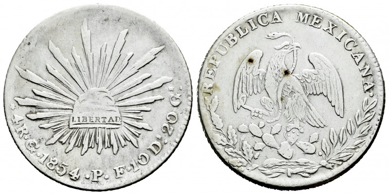Mexico. 4 reales. 1854. Guanajuato. PF. (Km-375.4). Ag. 12,42 g. Small eagle. Ra...
