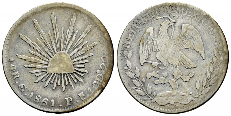 Mexico. 4 reales. 1861. Guanajuato. PF. (Km-375.4). Ag. 13,14 g. Toned. Choice F...