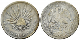 Mexico. 4 reales. 1861. Guanajuato. PF. (Km-375.4). Ag. 13,14 g. Toned. Choice F/F. Est...35,00. 

Spanish description: México. 4 reales. 1861. Guan...