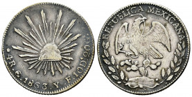 Mexico. 4 reales. 1863. Guanajuato. YF. (Km-375.4). Ag. 13,49 g. Patina. Attractive. VF/Choice VF. Est...60,00. 

Spanish description: México. 4 rea...