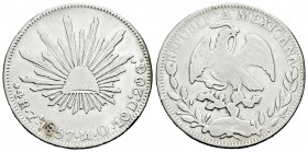 Mexico. 4 reales. 1857. Zacatecas. OM. (Km-375.9). Ag. 13,05 g. Choice F/Almost F. Est...35,00. 

Spanish description: México. 4 reales. 1857. Zacat...