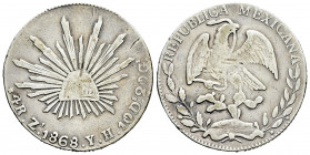 Mexico. 4 reales. 1868. Zacatecas. YH. (Km-375.9). Ag. 13,33 g. Scarce. Almost VF. Est...60,00. 

Spanish description: México. 4 reales. 1868. Zacat...