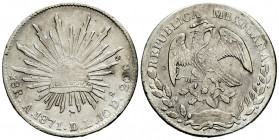 Mexico. 8 reales. 1871. Alamos. DL. (Km-377). Ag. 26,87 g. Chop marks. Rare. VF/Choice VF. Est...100,00. 

Spanish description: México. 8 reales. 18...