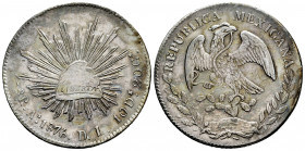 Mexico. 8 reales. 1876. Alamos. DL. (Km-377). Ag. 26,79 g. Slight old cabinet tone. Choice VF/VF. Est...80,00. 

Spanish description: México. 8 real...