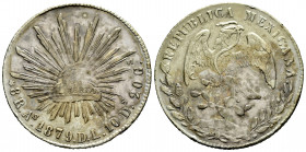 Mexico. 8 reales. 1879. Alamos. DL. (Km-377). Ag. 26,76 g. Irregular patina. Lightly toned. Choice VF/VF. Est...80,00. 

Spanish description: México...