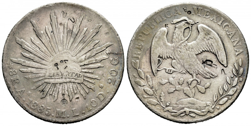 Mexico. 8 reales. 1885. Alamos. ML. (Km-377). Ag. 26,84 g. Chop marks. Lightly t...