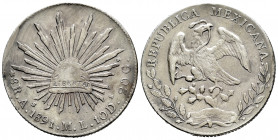 Mexico. 8 reales. 1891. Alamos. ML. (Km-377). Ag. 26,97 g. Delicate patina. Choice VF. Est...55,00. 

Spanish description: México. 8 reales. 1891. A...