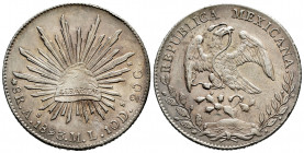 Mexico. 8 reales. 1893. Alamos. ML. (Km-377). Ag. 27,25 g. Soft tone. Minor nick on edge. Beautiful. Choice VF/Almost XF. Est...75,00. 

Spanish des...
