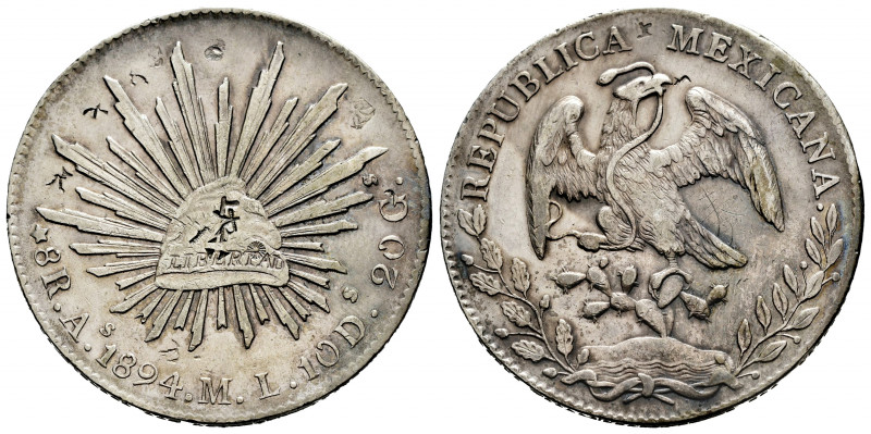 Mexico. 8 reales. 1894. Alamos. ML. (Km-377). Ag. 27,30 g. Oriental chop marks a...