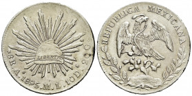Mexico. 8 reales. 1895. Alamos. ML. (Km-377). Ag. 26,91 g. Choice VF. Est...60,00. 

Spanish description: México. 8 reales. 1895. Alamos. ML. (Km-37...