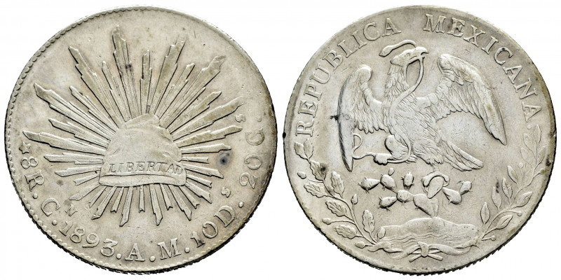 Mexico. 8 reales. 1893. Culiacan. AM. (Km-377.3). Ag. 26,81 g. VF. Est...45,00. ...