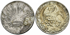 Mexico. 8 reales. 1835. Guanajuato. PJ. (Km-377.8). Ag. 26,99 g. Irregular patina. VF. Est...40,00. 

Spanish description: México. 8 reales. 1835. G...