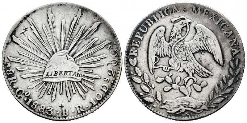 Mexico. 8 reales. 1883. Guanajuato. BR. (Km-377.8). Ag. 26,90 g. Chop marks. VF....
