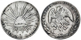 Mexico. 8 reales. 1883. Guanajuato. BR. (Km-377.8). Ag. 26,90 g. Chop marks. VF. Est...45,00. 

Spanish description: México. 8 reales. 1883. Guanaju...