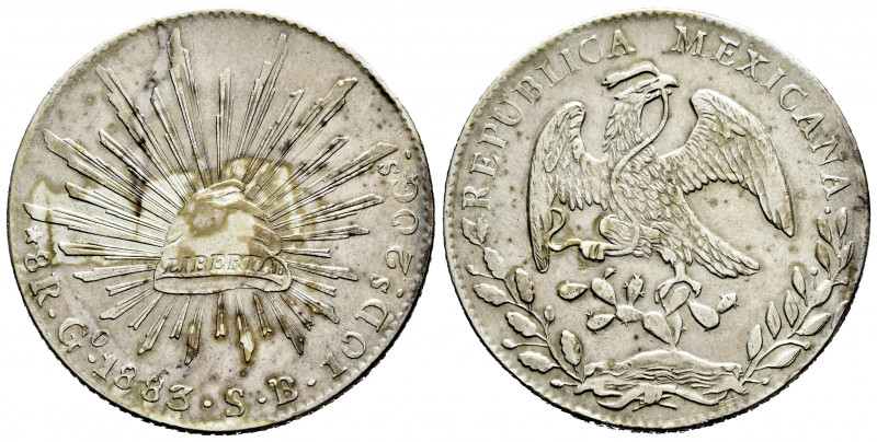Mexico. 8 reales. 1883. Guanajuato. SB. (Km-377.8). Ag. 26,95 g. Irregular patin...