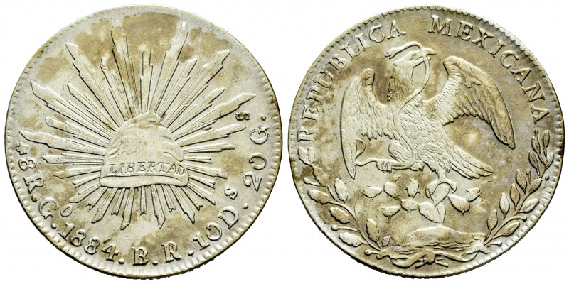 Mexico. 8 reales. 1884. Guanajuato. BR. (Km-377.8). Ag. 27,11 g. Irregular patin...