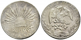 Mexico. 8 reales. 1891. Guanajuato. RS. (Km-377.8). Ag. 26,97 g. Choice VF/VF. Est...45,00. 

Spanish description: México. 8 reales. 1891. Guanajuat...