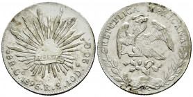 Mexico. 8 reales. 1896. Guanajuato. RS. (Km-377.8). Ag. 26,96 g. Scratch on obverse. VF. Est...40,00. 

Spanish description: México. 8 reales. 1896....