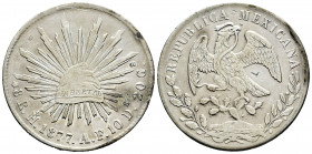 Mexico. 8 reales. 1877. Hermosillo. AF. (Km-377.9). Ag. 27,12 g. Chop marks. Scarce. Choice VF. Est...100,00. 

Spanish description: México. 8 reale...