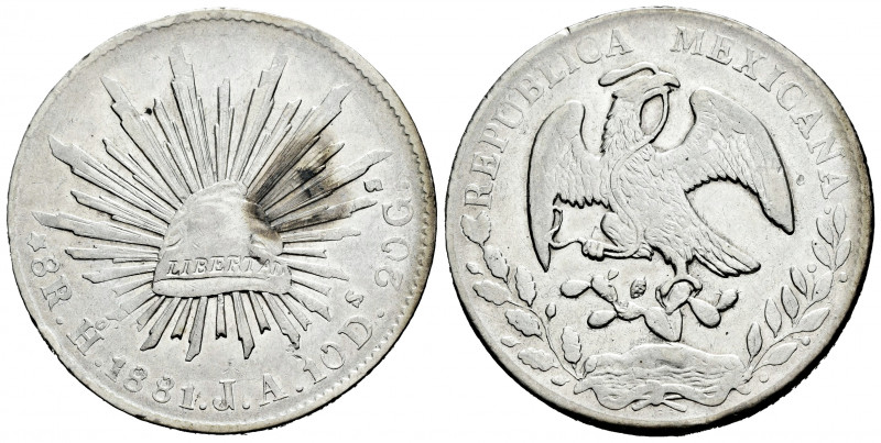Mexico. 8 reales. 1881. Hermosillo. JA. (Km-377.9). Ag. 26,71 g. Stain on obvers...