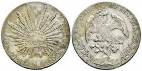 Mexico. 8 reales. 1888. Oaxaca. AE. (Km-377.11). Ag. 27,03 g. Patina. Knock on edge. VF. Est...50,00. 

Spanish description: México. 8 reales. 1888....