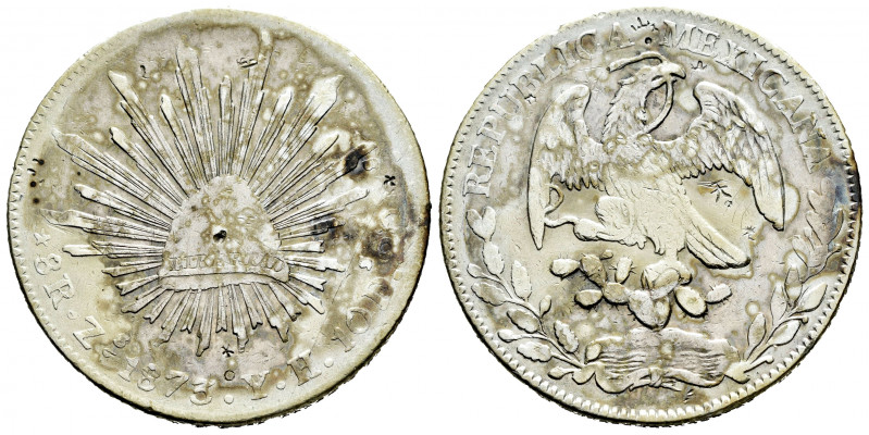 Mexico. 8 reales. 1873. Zacatecas. YH. (Km-377.13). Ag. 26,89 g. Chop marks. Gra...