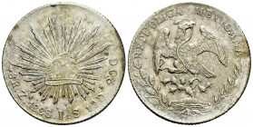 Mexico. 8 reales. 1886. Zacatecas. JS. (Km-377.13). Ag. 27,00 g. Toned. Attractive. Almost XF. Est...80,00. 

Spanish description: México. 8 reales....