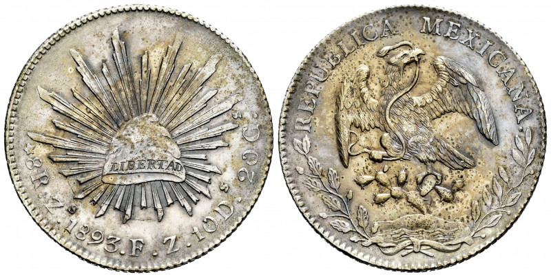 Mexico. 8 reales. 1893. Zacatecas. FZ. (Km-377.13). Ag. 27,02 g. Toned. A good s...