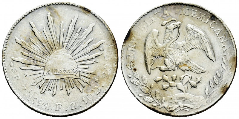 Mexico. 8 reales. 1894. Zacatecas. FZ. (Km-377.13). Ag. 26,76 g. Irregular patin...