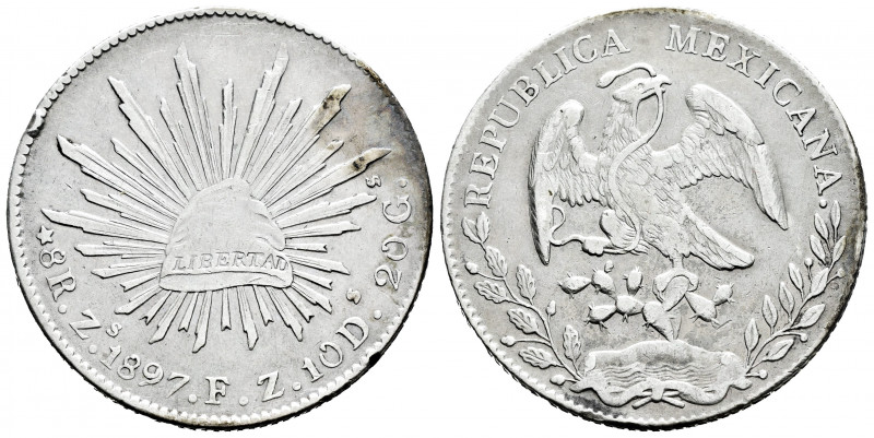 Mexico. 8 reales. 1897. Zacatecas. FZ. (Km-377.13). Ag. 26,76 g. Knock on edge. ...