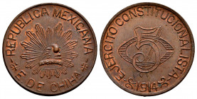 Mexico. 5 centavos. 1914. Chihuahua. (Km-613). Ae. 6,19 g. AU. Est...80,00. 

Spanish description: México. 5 centavos. 1914. Chihuahua. (Km-613). Ae...