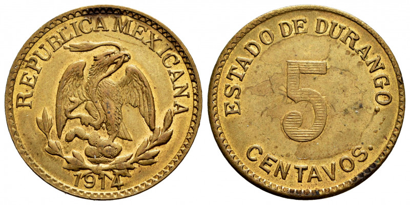 Mexico. 5 centavos. 1914. Durango. (Km-634). Ae. 6,85 g. Choice VF. Est...60,00....