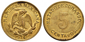 Mexico. 5 centavos. 1914. Durango. (Km-634). Ae. 6,85 g. Choice VF. Est...60,00. 

Spanish description: México. 5 centavos. 1914. Durango. (Km-634)....