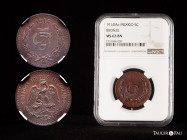 Mexico. 5 centavos. 1914. México. (Km-422). Ae. Slabbed by NGC as MS 63 BN. NGC-MS. Est...100,00. 

Spanish description: México. 5 centavos. 1914. M...