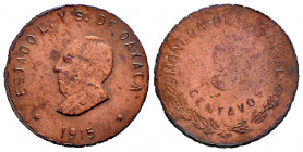 Mexico. 5 centavos. 1915. Oaxaca. (Km-721). Ae. 4,77 g. VF/Almost VF. Est...40,00. 

Spanish description: México. 5 centavos. 1915. Oaxaca. (Km-721)...