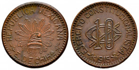 Mexico. 10 centavos. 1915. Chihuahua. (Km-615). Ae. 9,88 g. Almost XF/Choice VF. Est...60,00. 

Spanish description: México. 10 centavos. 1915. Chih...